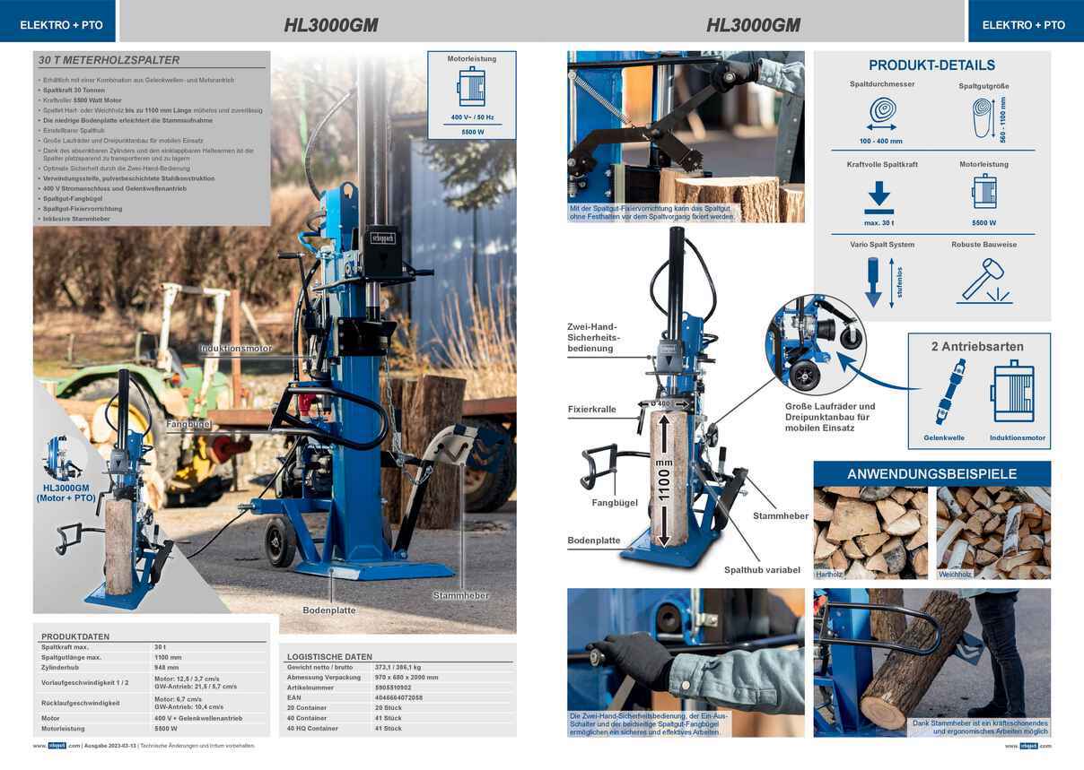 Scheppach Meterholzspalter HL3000GM, inkl. 5500 Gelenkwellenantrieb, Leitermann - + 400 W, Stammheber t, V | 30 LEITERMANN