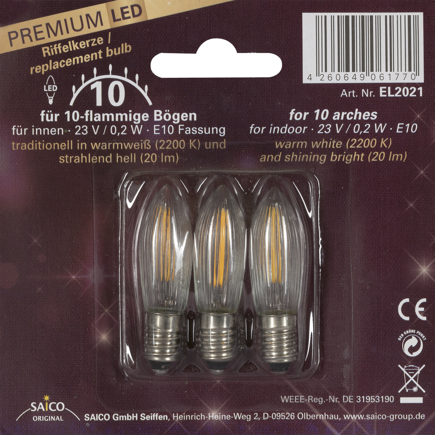 Premium LED-Ersatzlampe/Riffelkerze, 12V, E10 Fassung