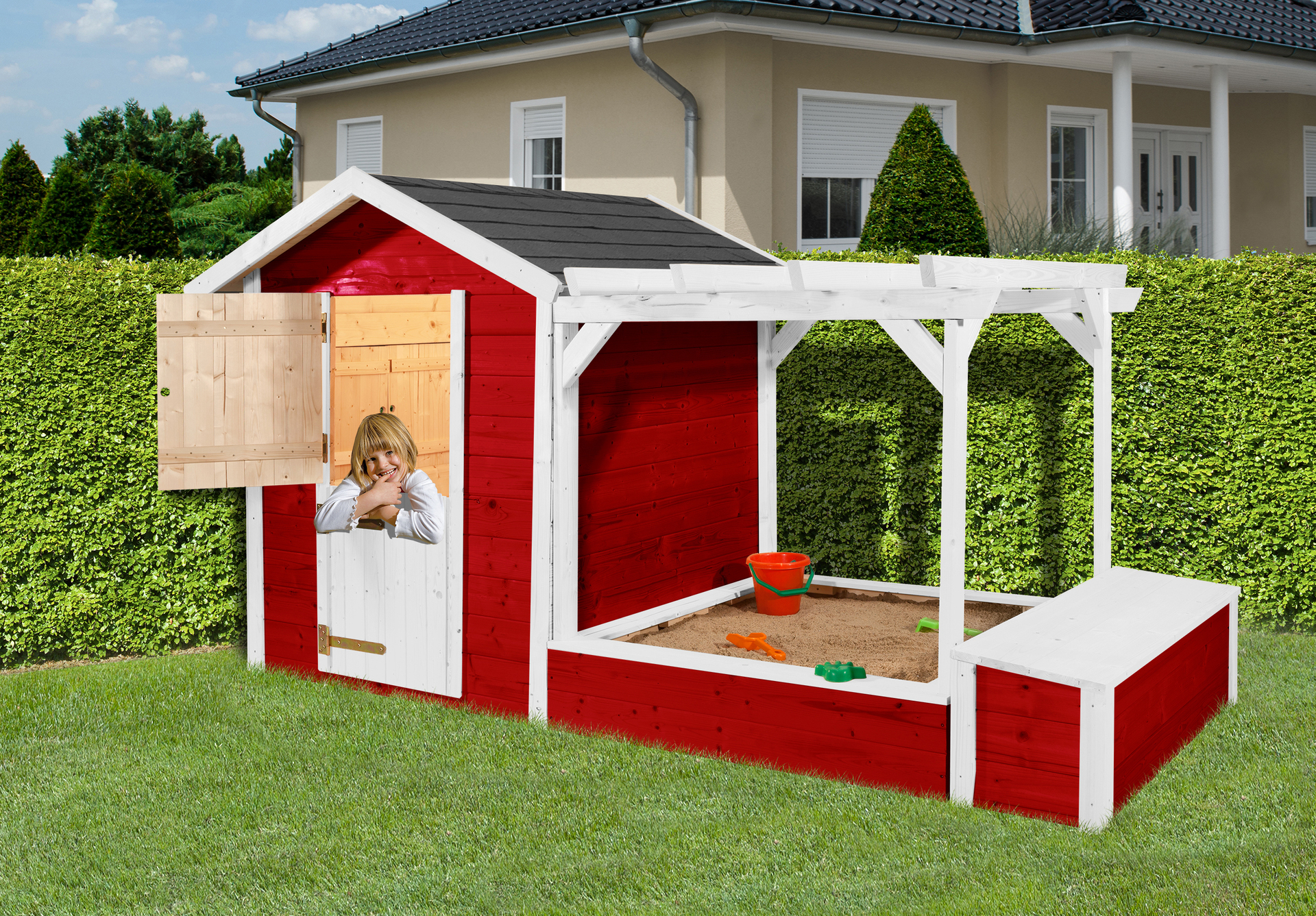 Tabaluga Spielplatz rot/weiss 21 mm bestehend aus Drachenhöhle Sandkasten Pergola und Schatztruhe mit Deckel