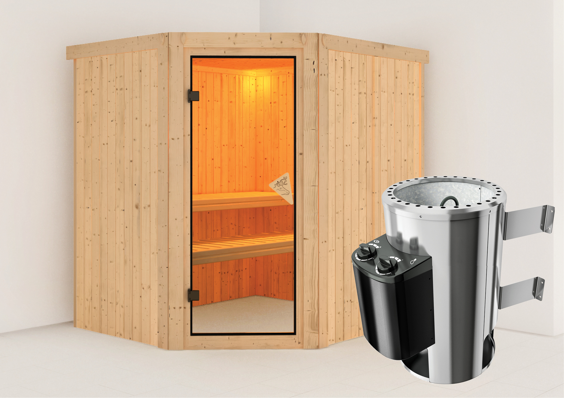 Karibu Sauna Ofentyp: cm, | LEITERMANN 196x170x198 integrierte Talsen - Eckeinstieg Zubehör-Set, - | ESG-Tür 3,6kW-Ofen, Leitermann Steuerung Ausführung: bronzierte mit