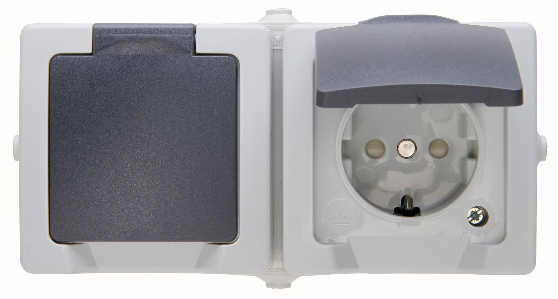 Kopp proAQA Aufputz-Feuchtraum Schutzkontakt-Steckdose mit Klappdeckel -  Ausführung: waagerecht, Farbe: grau - Leitermann
